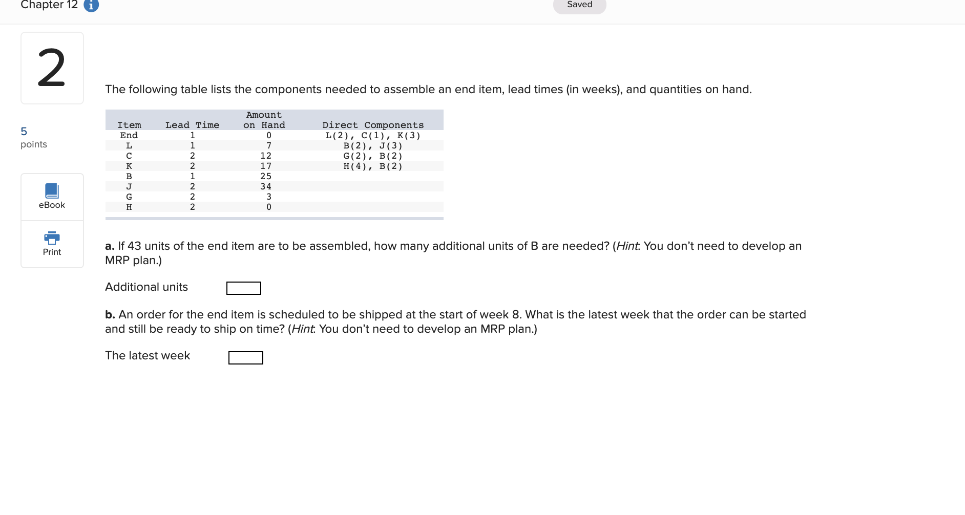Chapter 12 Saved The following table lists the