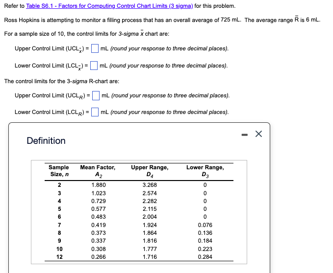 Refer to Table S6.1 - Factors for Computing