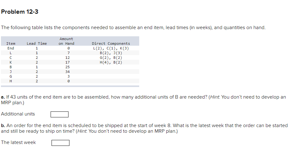 Problem 12-3 The following table lists the
