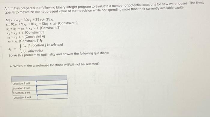 A firm has prepared the following binary Integer
