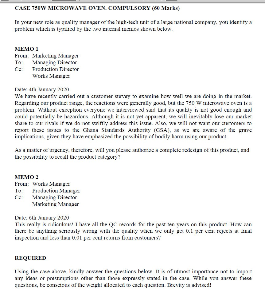 CASE 750W MICROWAVE OVEN. COMPULSORY (60 Marks)