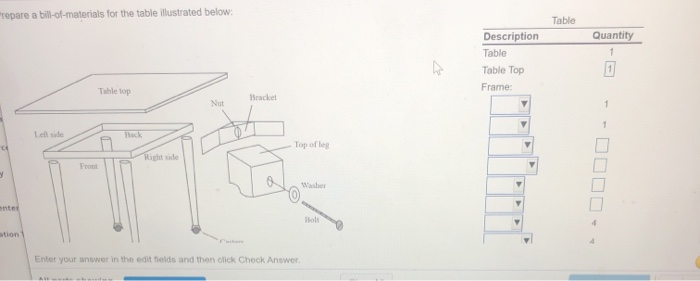 "repare a bill-of-materials for the table