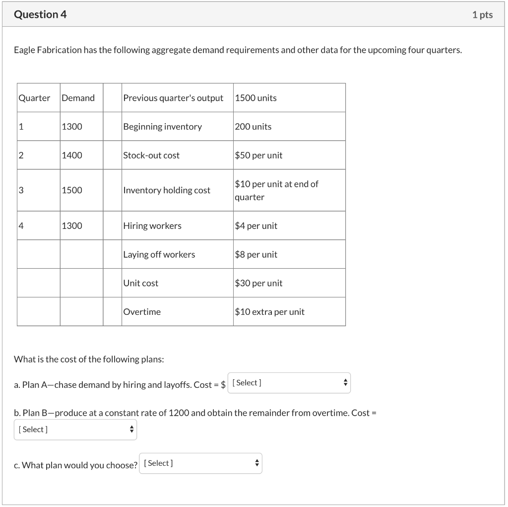 Question 4 1 pts Eagle Fabrication has the