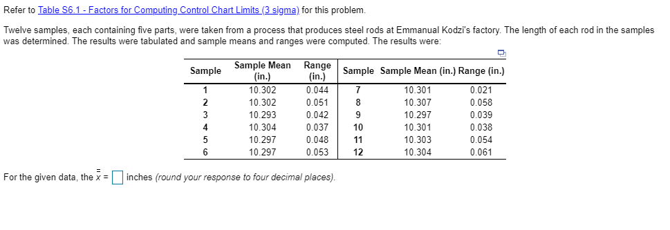 Refer to Table S6.1 - Factors for Computing