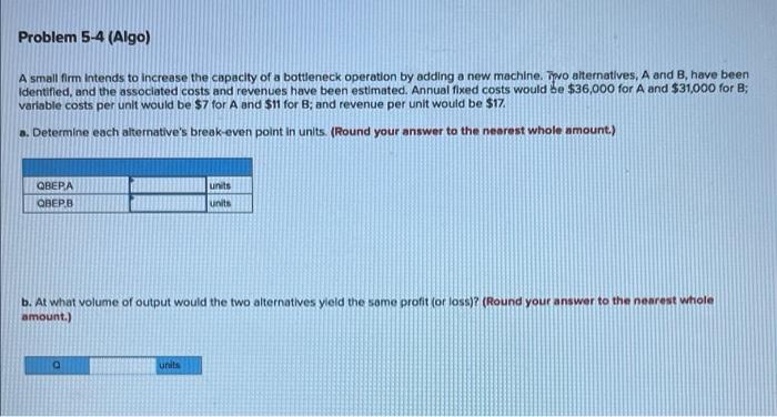 Problem 5-4 (Algo) A small firm intends to