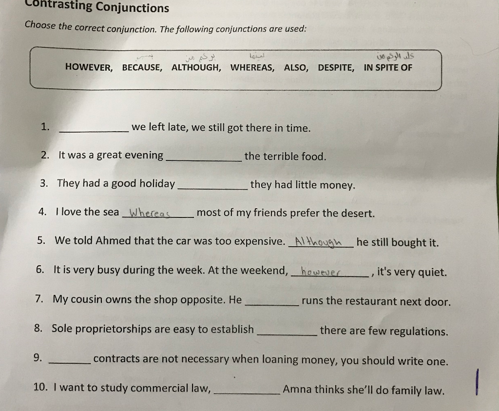 Contrasting Conjunctions Choose the correct