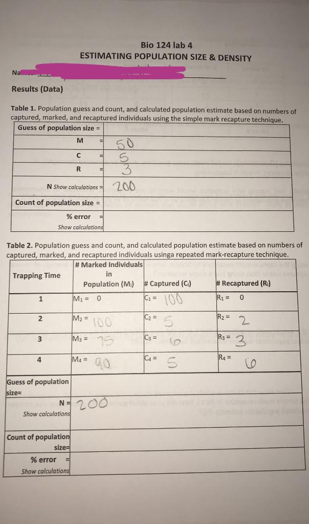 Guess of population 390 Bio 124 lab 4 ESTIMATING