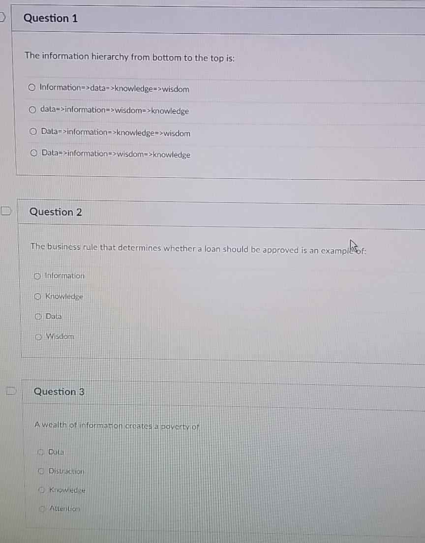 Question 1 The information hierarchy from bottom