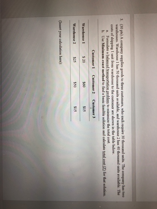 3. (30 pts) A company supplies goods to three