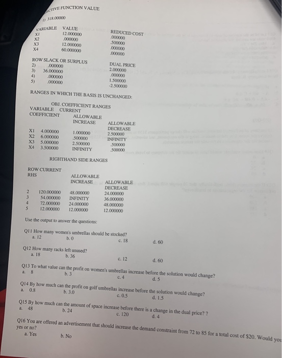 Q11-016 The LP model and LINDO output represent a