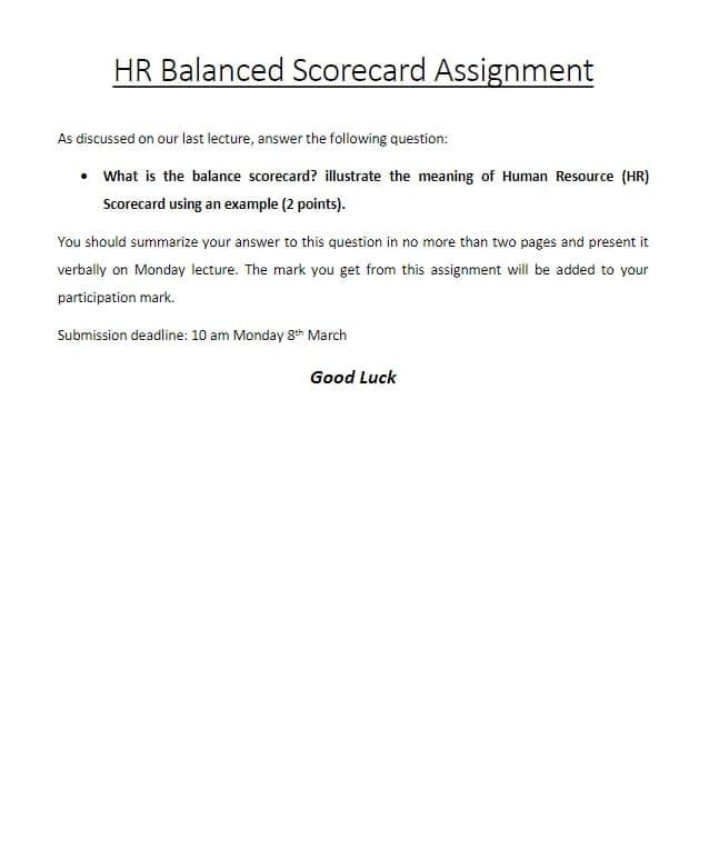 HR Balanced Scorecard Assignment As discussed on