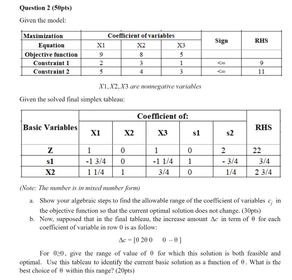 Question 2 (50pts) Given the model: Maximization