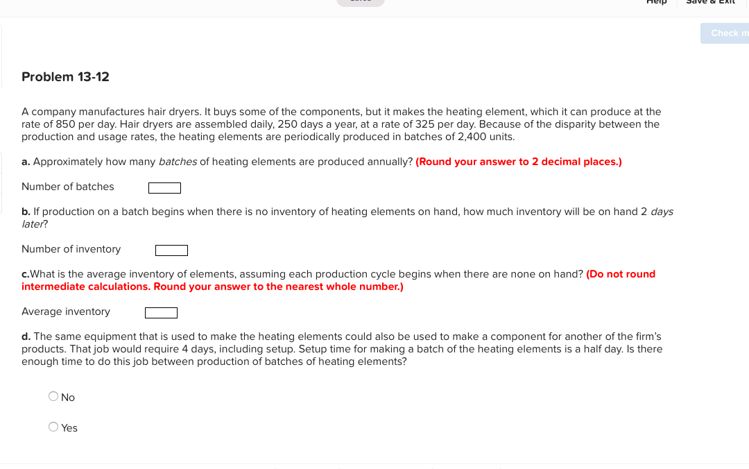 Help Save o EXIL Check m Problem 13-12 A company