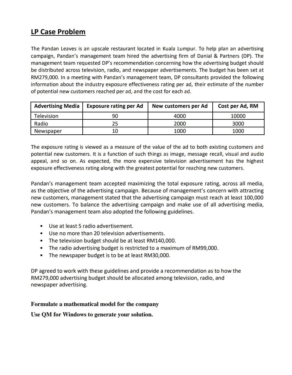 LP Case Problem The Pandan Leaves is an upscale