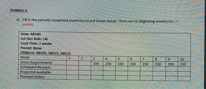 Problem 2: a) Fill in the partially completed