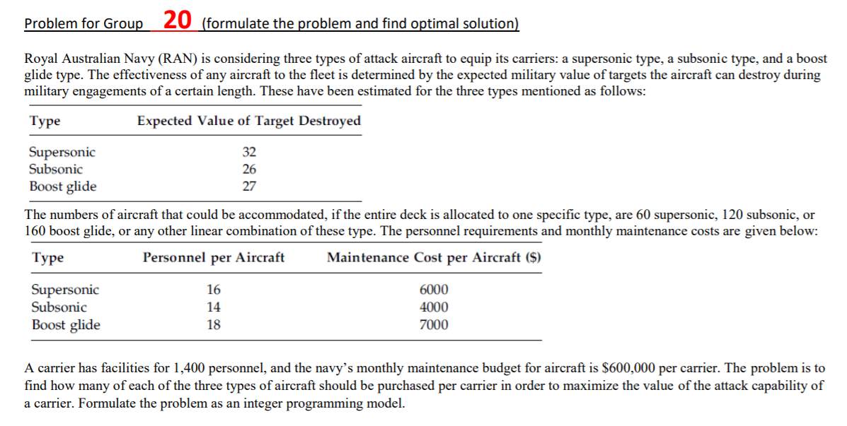Problem for Group 20 (formulate the problem and