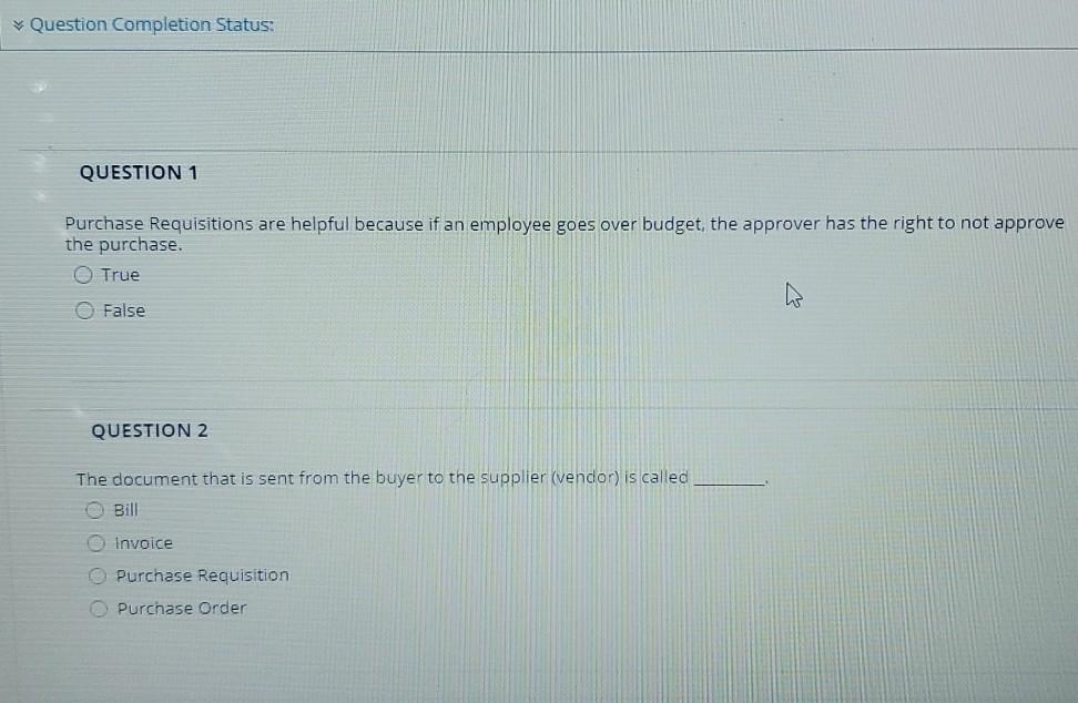 Question Completion Status: QUESTION 1 Purchase