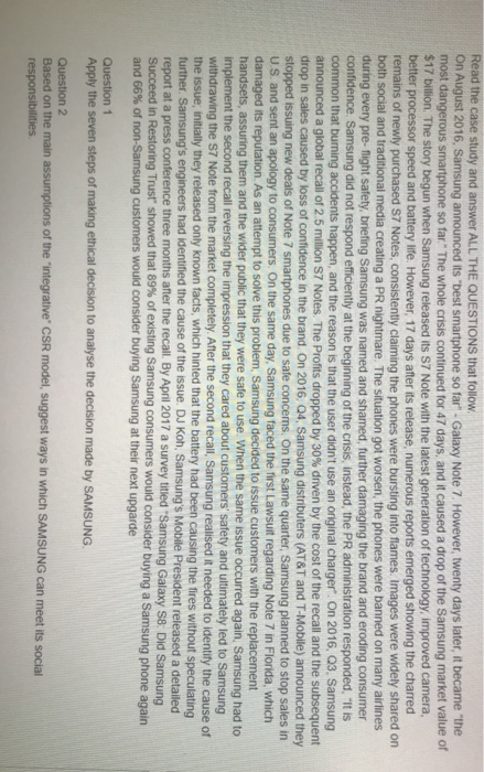 Read the case study and answer ALL THE QUESTIONS