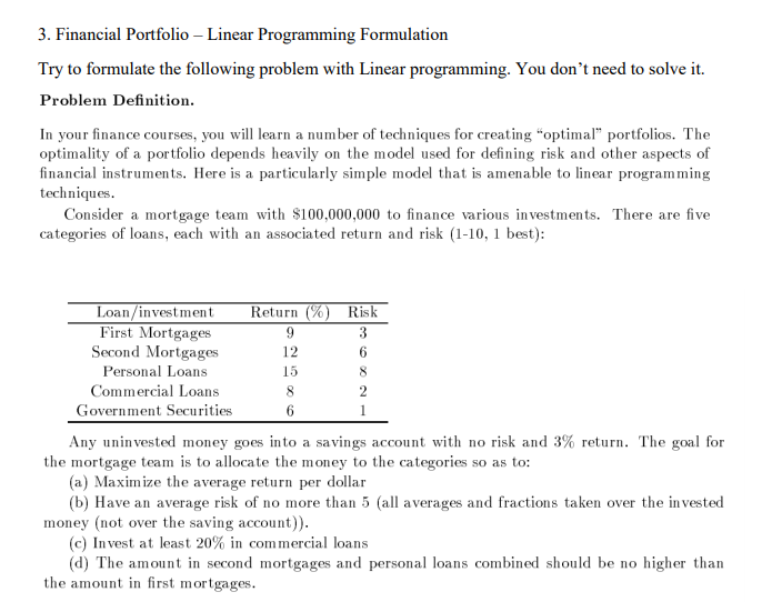 3. Financial Portfolio - Linear Programming