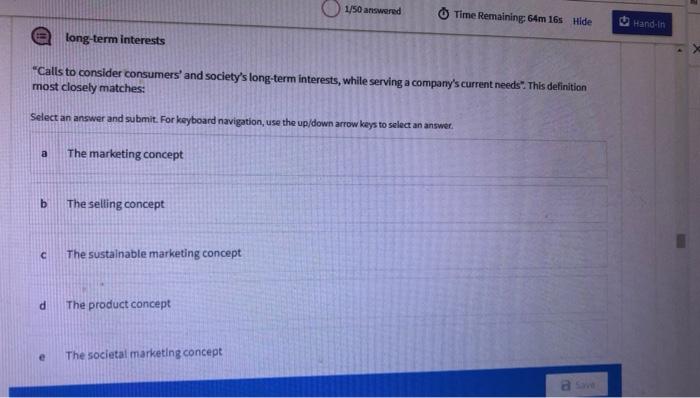 1/50 answered Time Remaining 64m 165 Hide 5 Hand