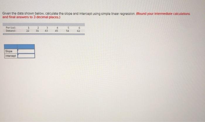 Given the data shown below. calculate the slope