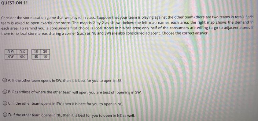 QUESTION 11 Consider the store location game that