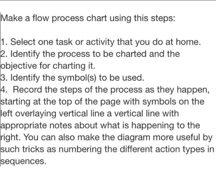 Make a flow process chart using this steps: 1.
