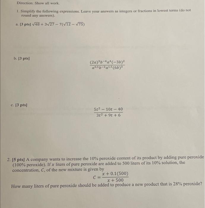 Please help Direction: Show all work. 1. Simplify
