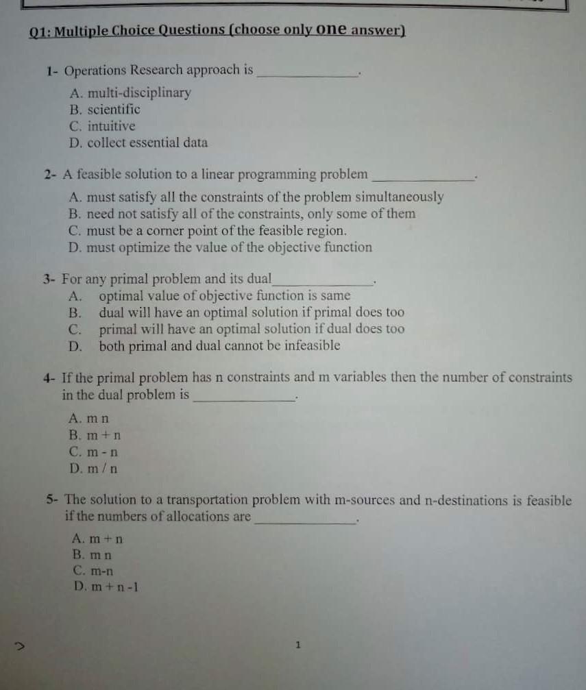 Q1: Multiple Choice Questions (choose only one
