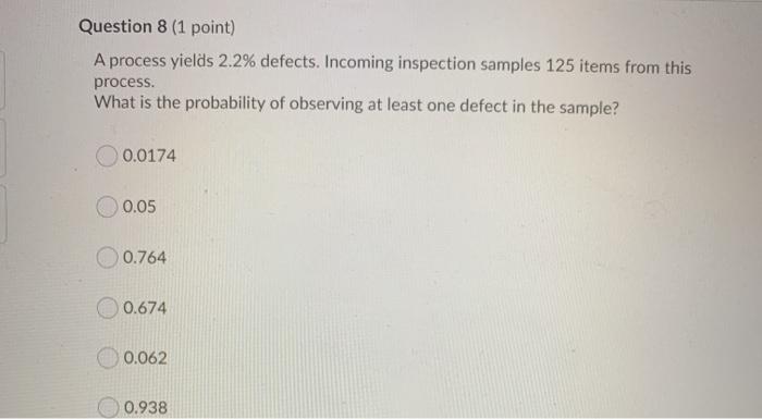 Question 8 (1 point) A process yields 2.2%