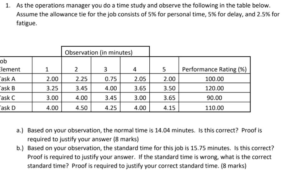 1. As the operations manager you do a time study