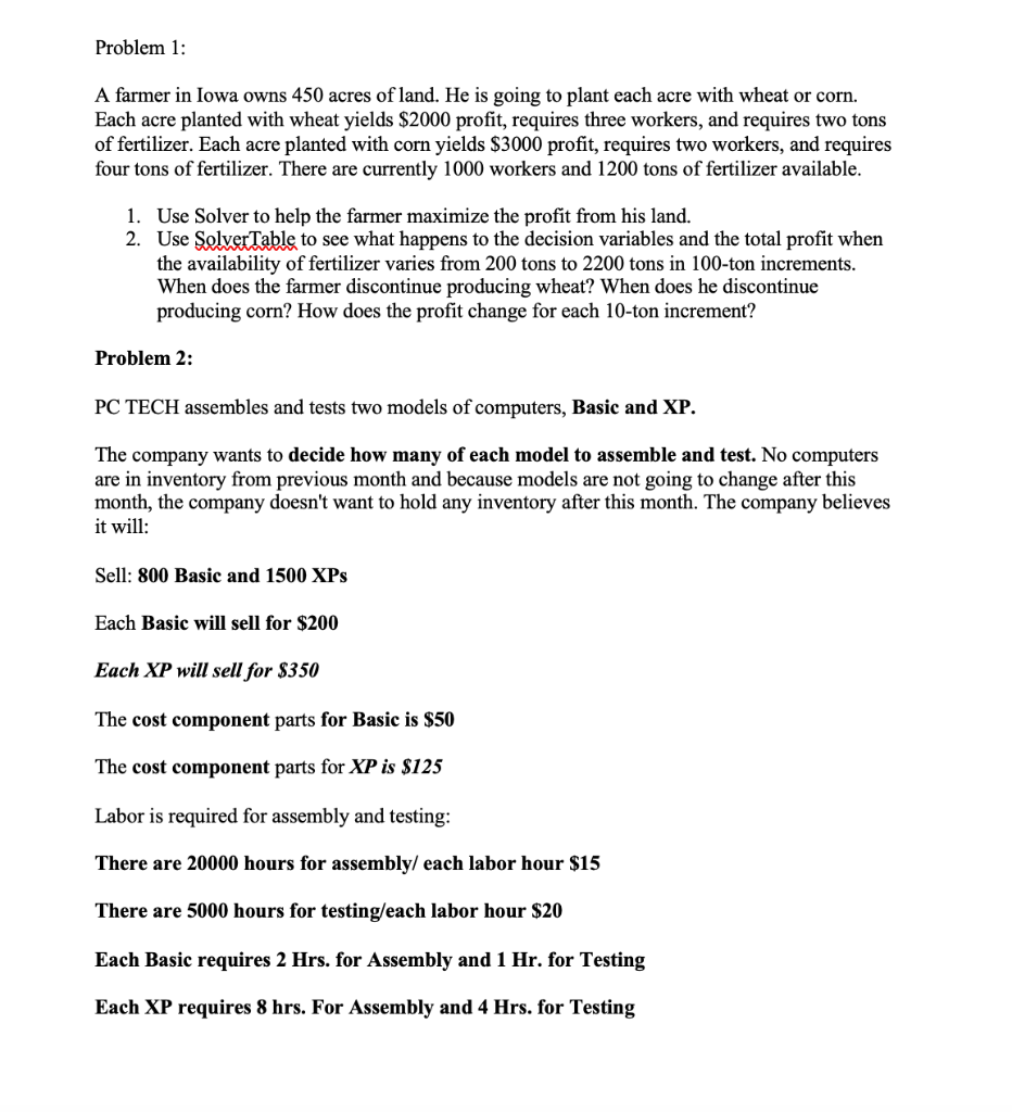 Using Excel and SolverTable please answer the