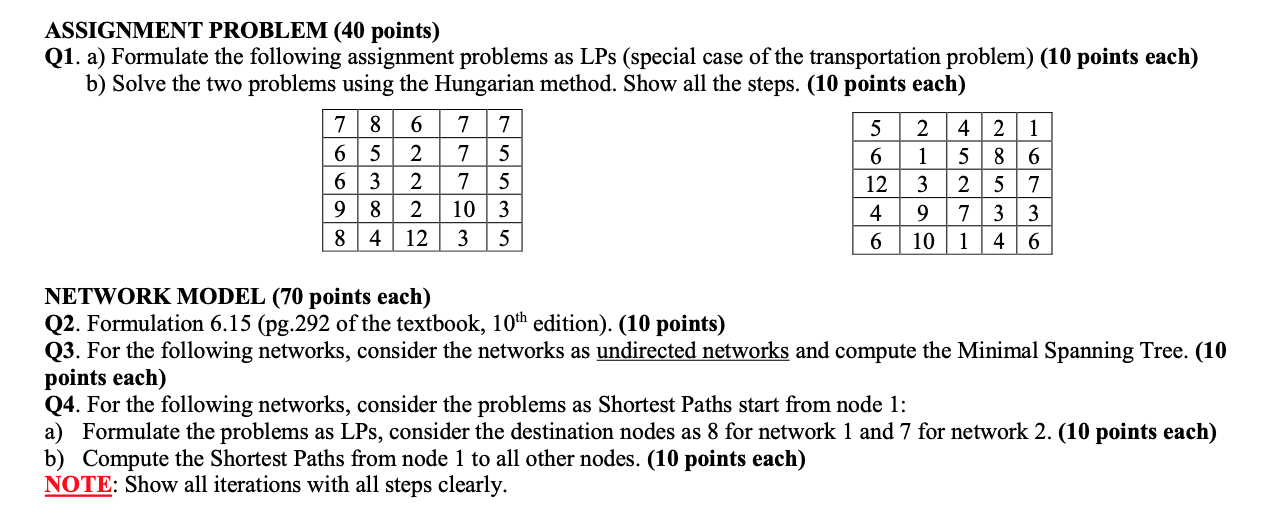 ASSIGNMENT PROBLEM (40 points) Q1. a) Formulate