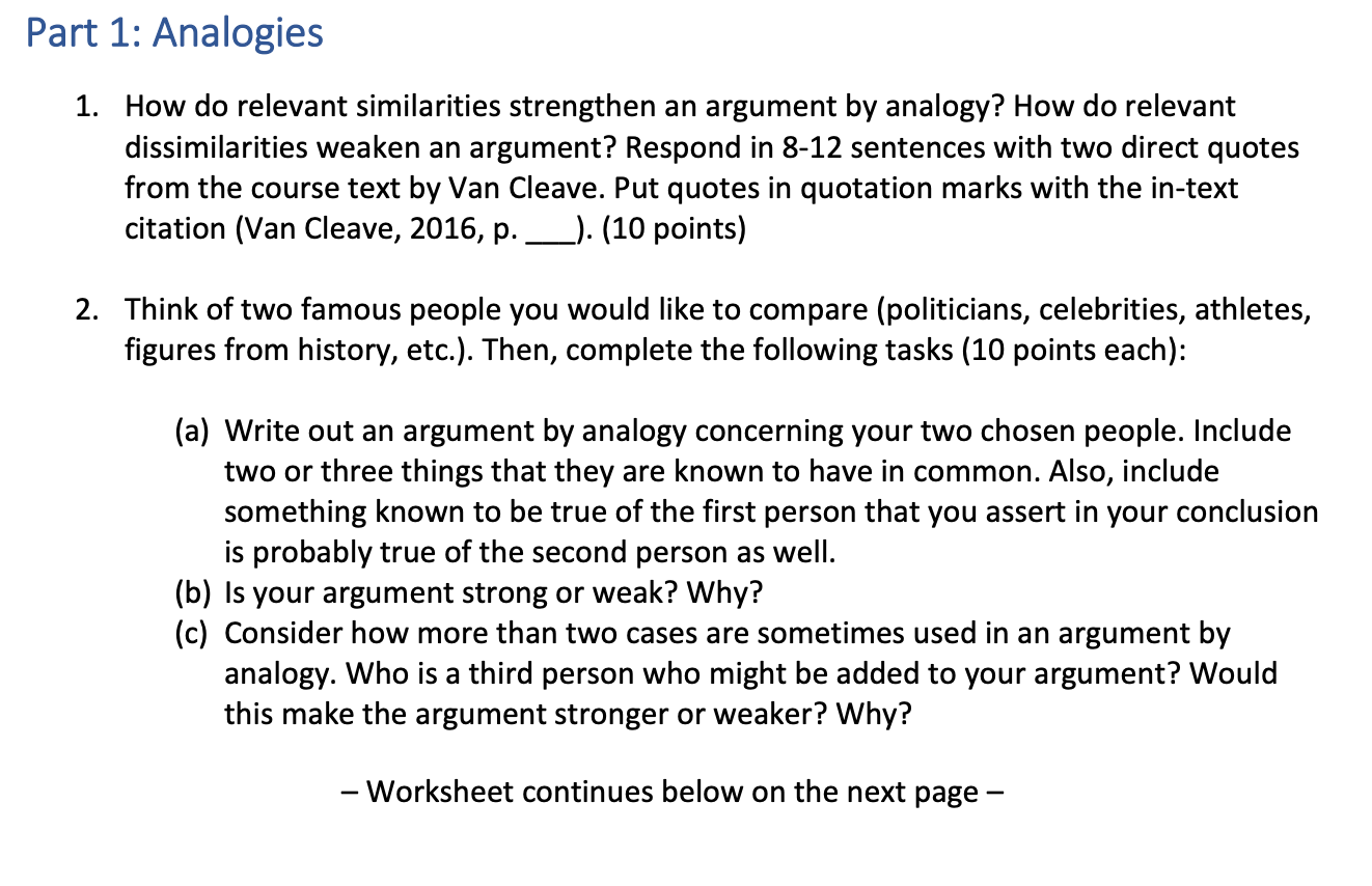 Part 1: Analogies 1. How do relevant similarities