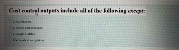 Cost control outputs include all of the following