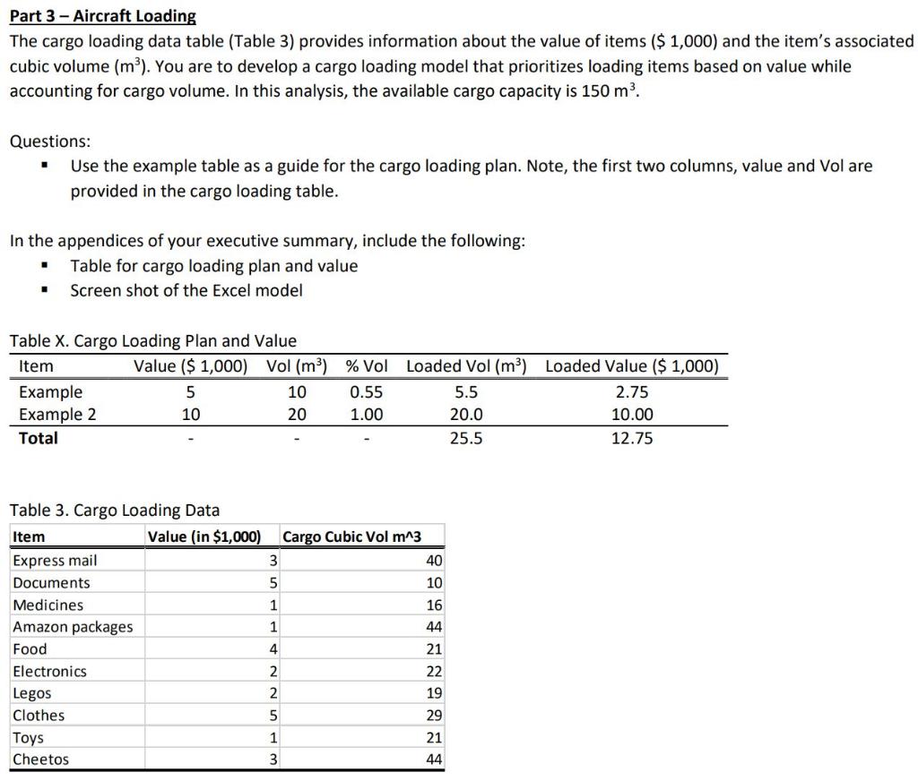 Part 3 - Aircraft Loading The cargo loading data