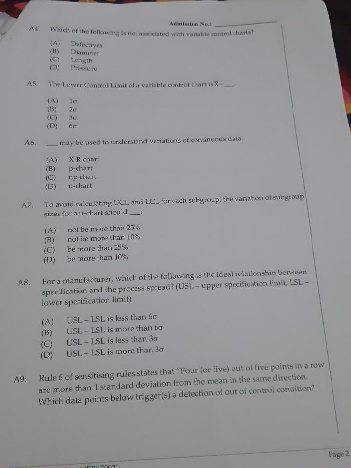 ite down your answers in the following table: A1