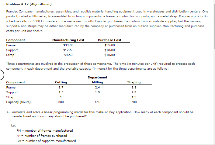 Problem 4-17 (Algorithmic) Frandec Company