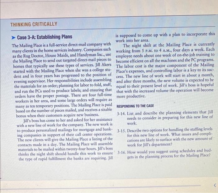 THINKING CRITICALLY Case 3-A: Establishing Plans