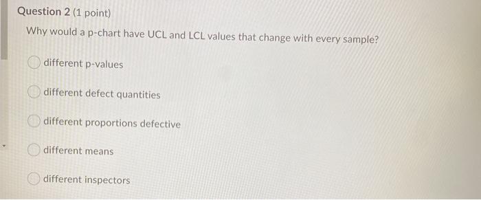 Question 2 (1 point) Why would a p-chart have UCL