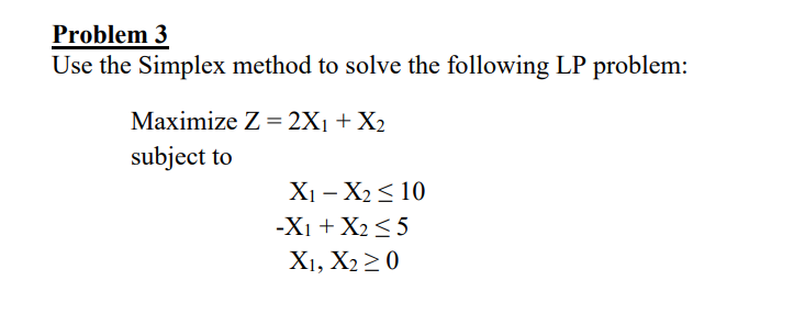Problem 3 Use the Simplex method to solve the
