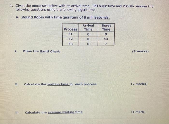 1. Given the processes below with its arrival