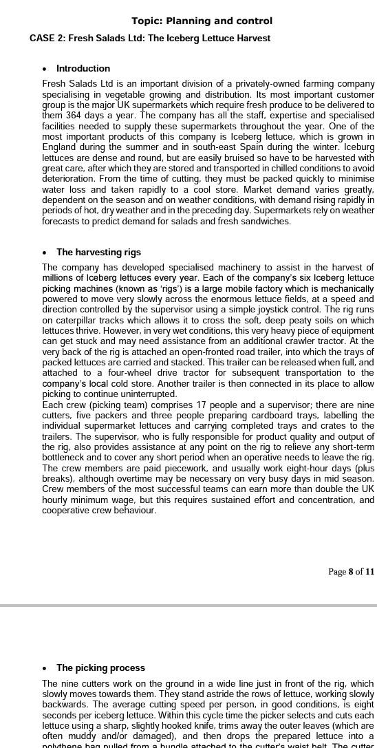 Topic: Planning and control CASE 2: Fresh Salads