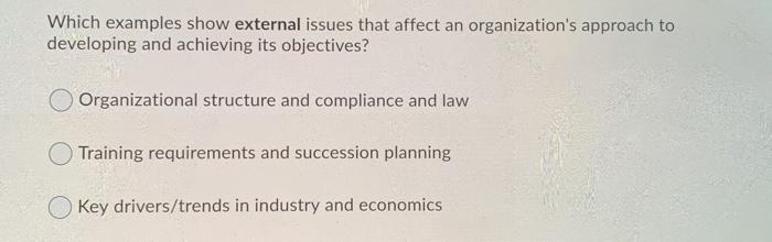 Which examples show external issues that affect