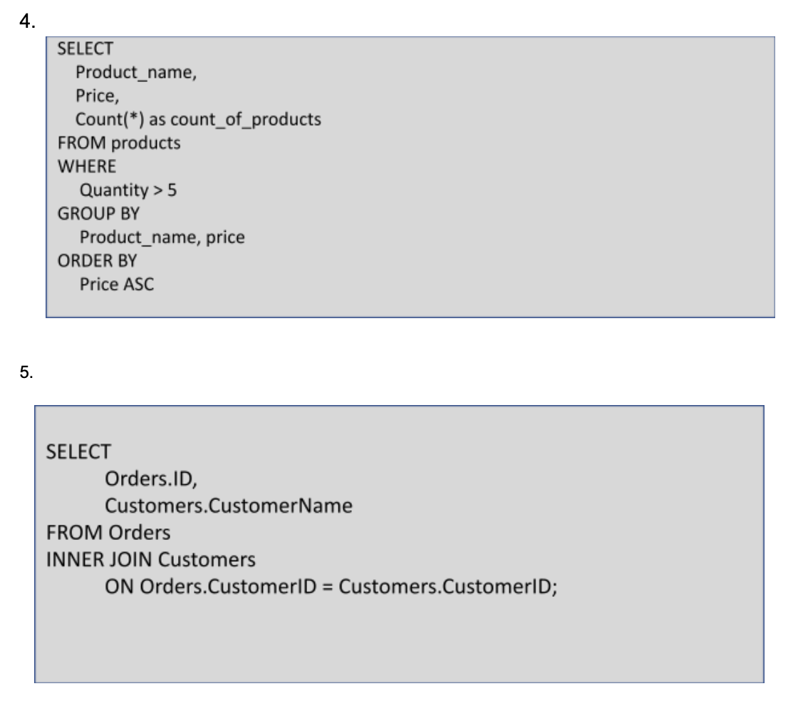 WRITE OUT THE OUTPUT FROM THE SQL QUERY! Tables