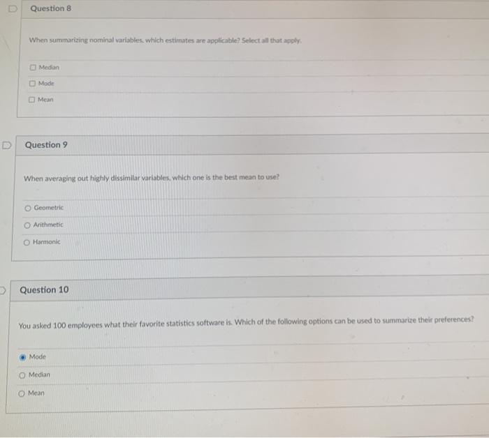 Question 8 When summarizing nominal variables