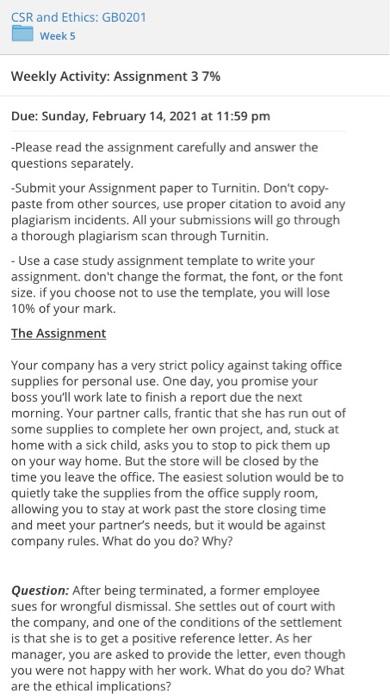 CSR and Ethics: GB0201 Week 5 Weekly Activity: