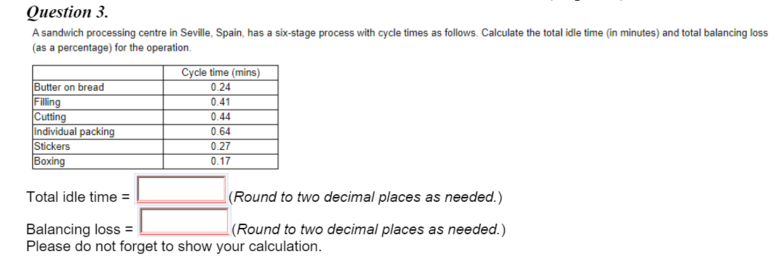 Question 3. A sandwich processing centre in