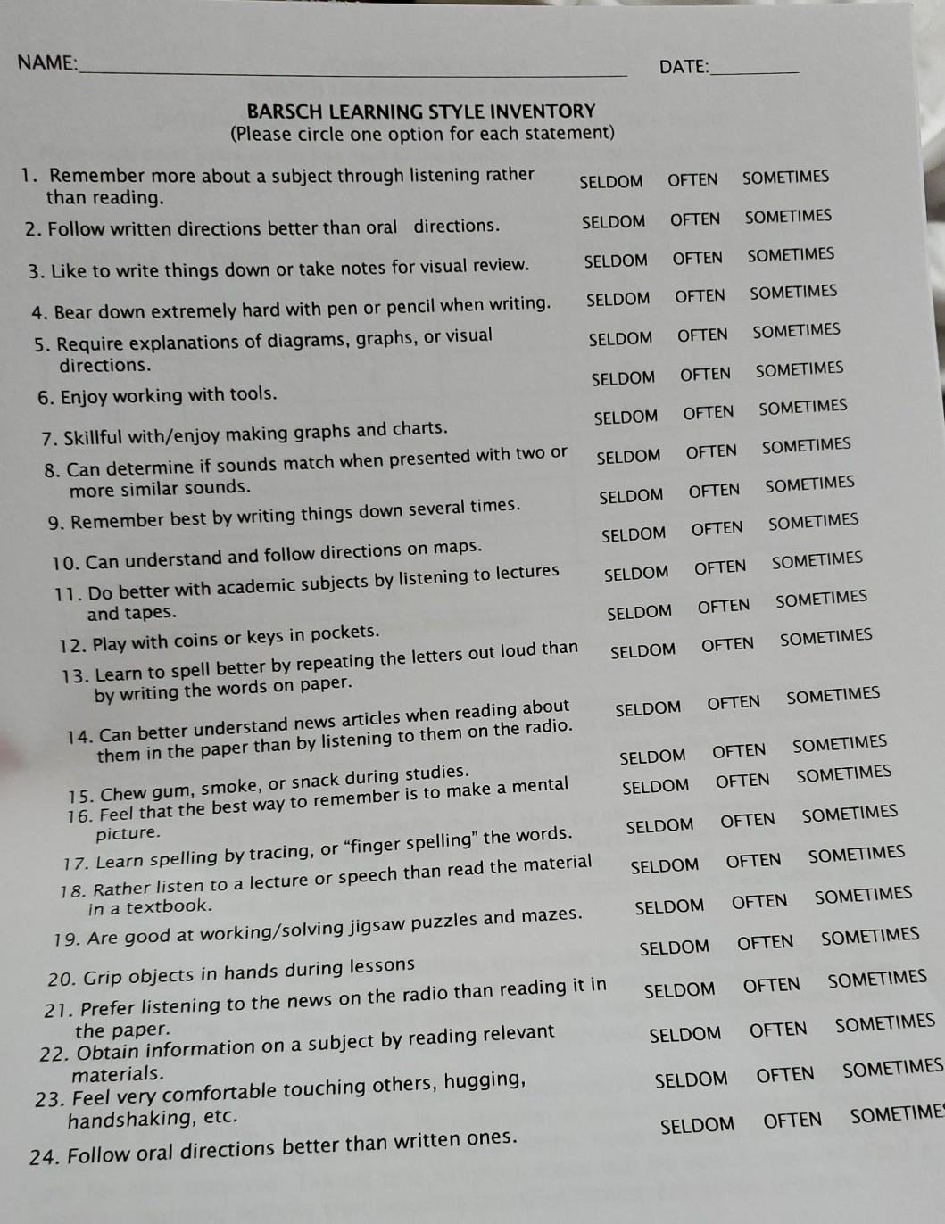 NAME: DATE: BARSCH LEARNING STYLE INVENTORY