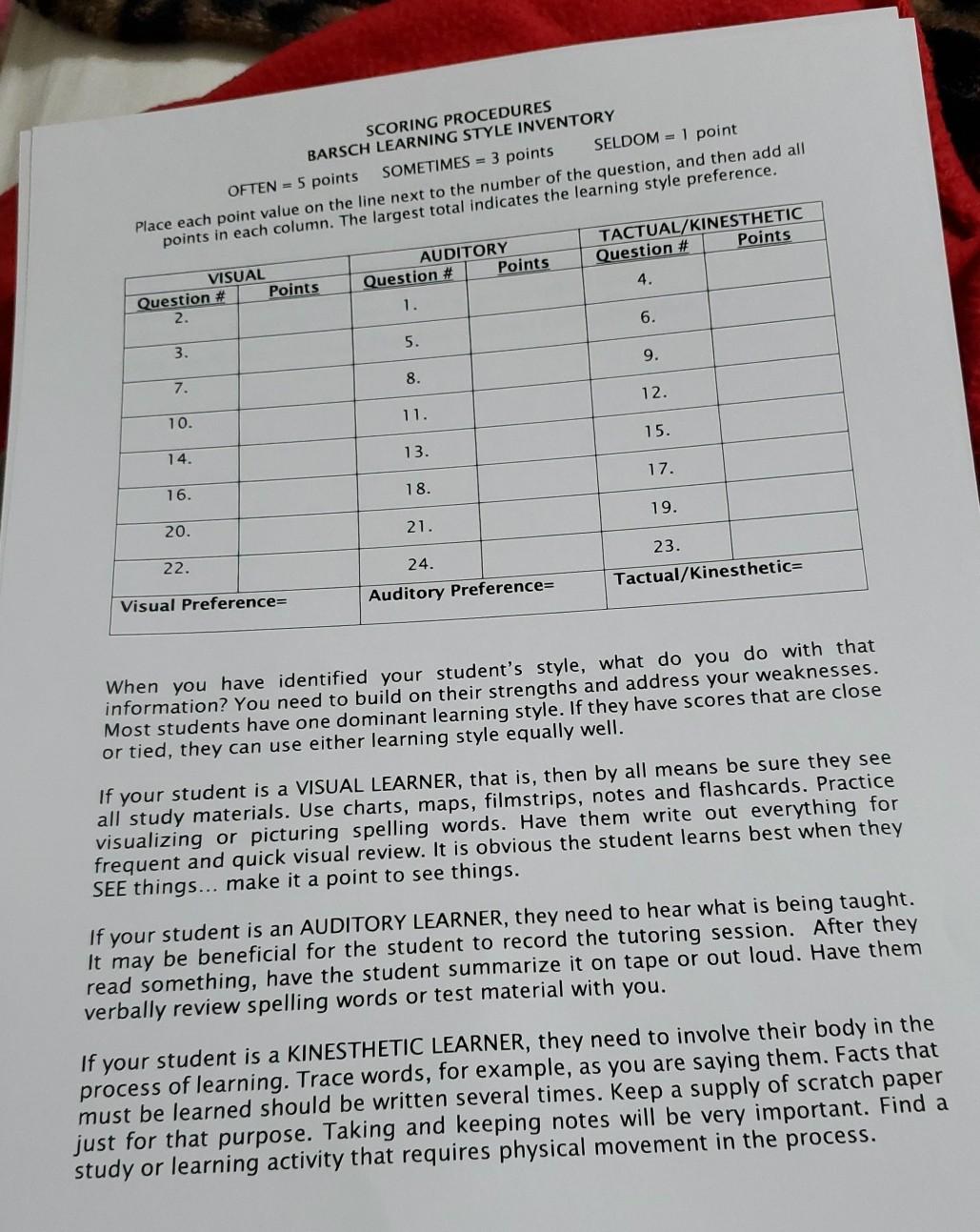 NAME: DATE: BARSCH LEARNING STYLE INVENTORY